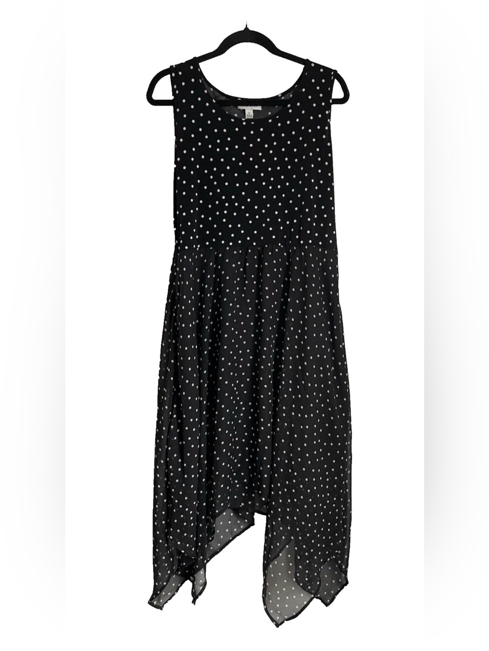 Black and White Polka Dot Midi Dress XL Chiffon Handkerchief Hem Classic Retro